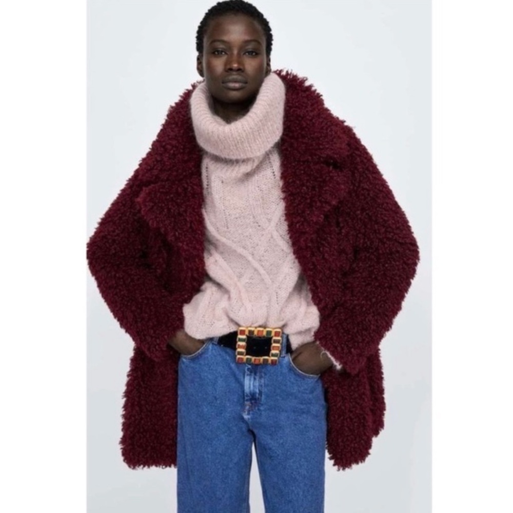 Zara Burgundy Faux Fur Shag Coat sz XS